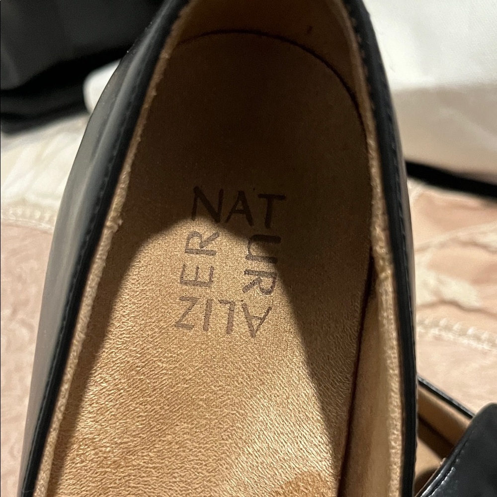 Naturalizer Black Leather Slip-On Loafers with Tan Contrast Welt - Picture 2 of 7